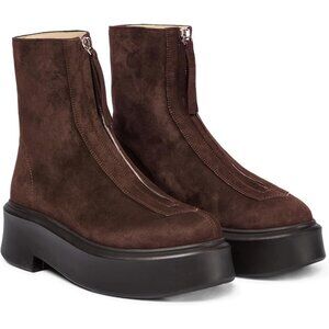 Women's Brown Leather Platform Chelsea Boots Front Zip Chunky Combat Bootie